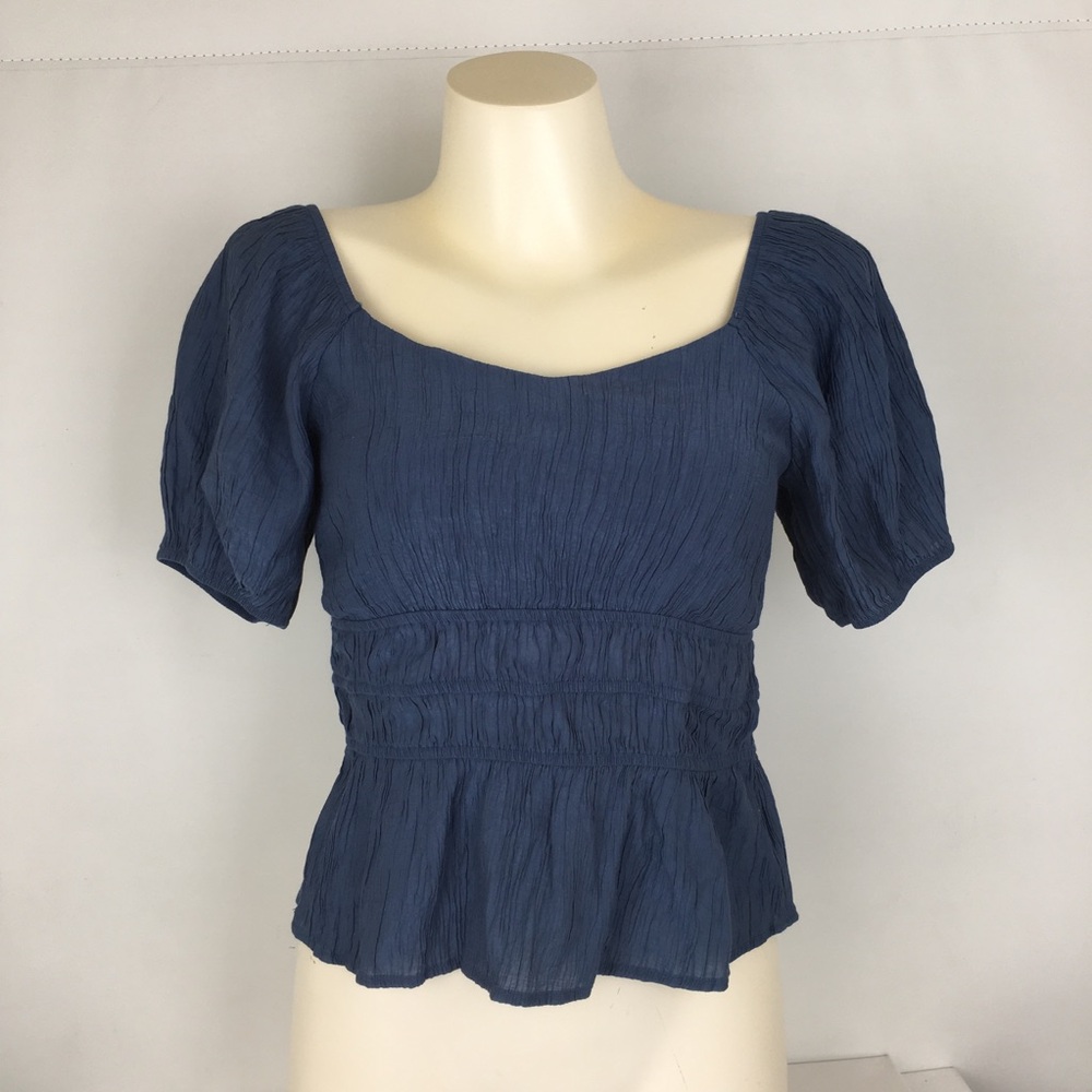 Milkmaid Crop Top Puff Sleeve Coquette Y2K Blue Crinkle Texture Women’s Size L